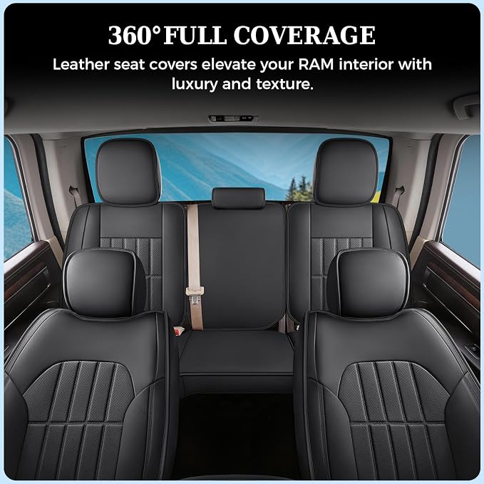 Truckiipa Seat Covers for Dodge Ram 1500 Full Set, Full Coverage Waterproof Leather Protectors Pickup Truck Accessories, Custom Fit for 2002-2025 Ram 1500 2500 3500 Crew Mega Cab, Black