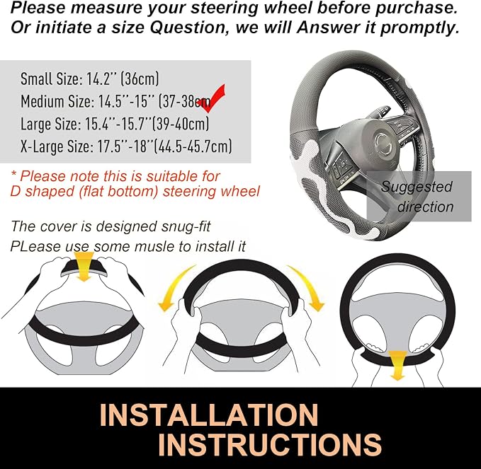 PINCTROT D Shaped Comfy Grip Steering Wheel Cover, Anti-Slip Design, Flat Bottom 14.5-15 Inch(Silicone White)