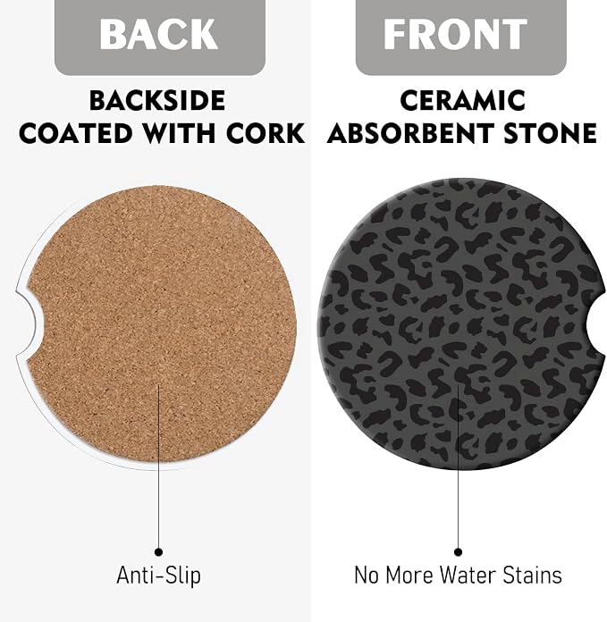 2 Pack Car Coasters for Cup Holders, Absorbent Ceramic Cup Coaster with Cork Base and Finger Notch, Cute Car Accessories Interior for Women Men (Leopard-Black)