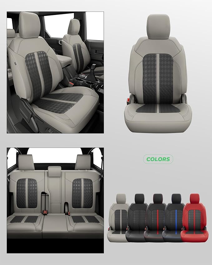 Custom Fit Leather Seat Covers for 2021-2026 Ford Bronco 4 Door | OEM fit, premium waterproof leather, full coverage, anti-slip, storage pockets, long-term durability, airbag compatible