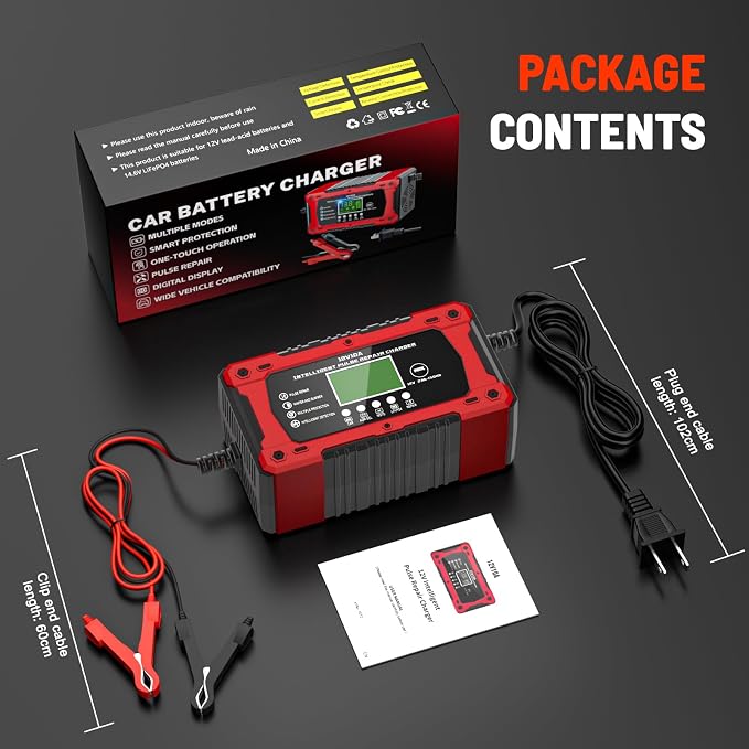 10A 12V Battery Charger for Car Fully Automatic Smart Trickle Charger & Maintainer with LCD Display, Temperature Compensation for Truck, Motorcycle, Boat, Lawn Mower