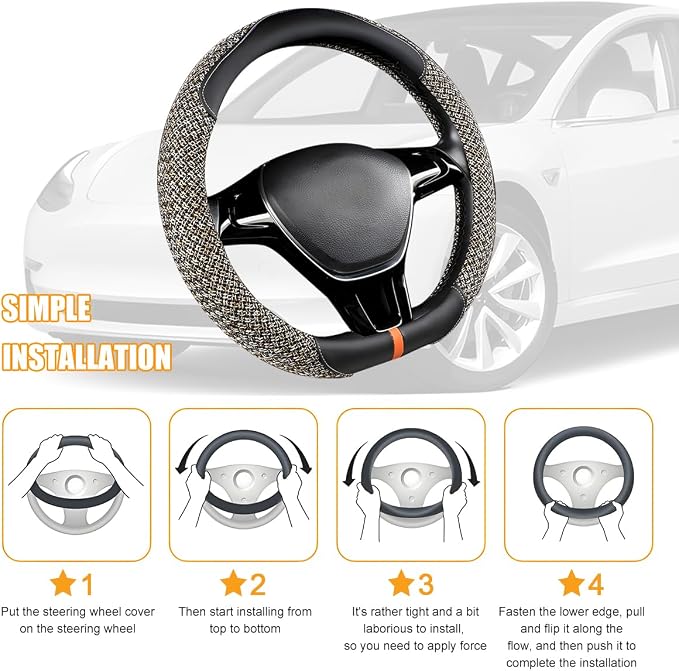 Zpana Car Steering Wheel Cover, 14.5-15" Breathable Linen Sporty Vehicle Steering Wheel Protector with Non-Slip Lining, Automotive Interior Decoration Accessories, Universal Fit (Black/Beige)