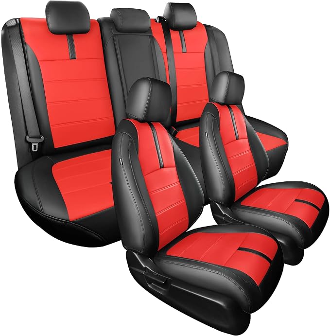 Seat Covers for Honda Civic Hatchback LX, EX, EXL, Sport, Touring, 2016-2021, Faux Leather Car Seats Cover Full Set Seatback Waterproof, Black Red (60/40 Split Seatback)