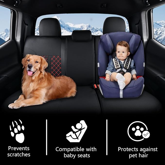 Truckiipa Tacoma Truck Seat Covers Full Set Leather Waterproof Seat Covers Fit for 2005-2015 Toyota Tacoma Double Crew Cab, Full Set, Black&Red