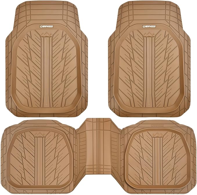 CAR PASS Tire Tread DeepDish Rubber Floor Mats for car Heavy Duty car mats All Weather, Universal XL~M Trim to Fit for Truck SUV Vehicle Automotive, Waterproof car mats 3 piece Solid Beige