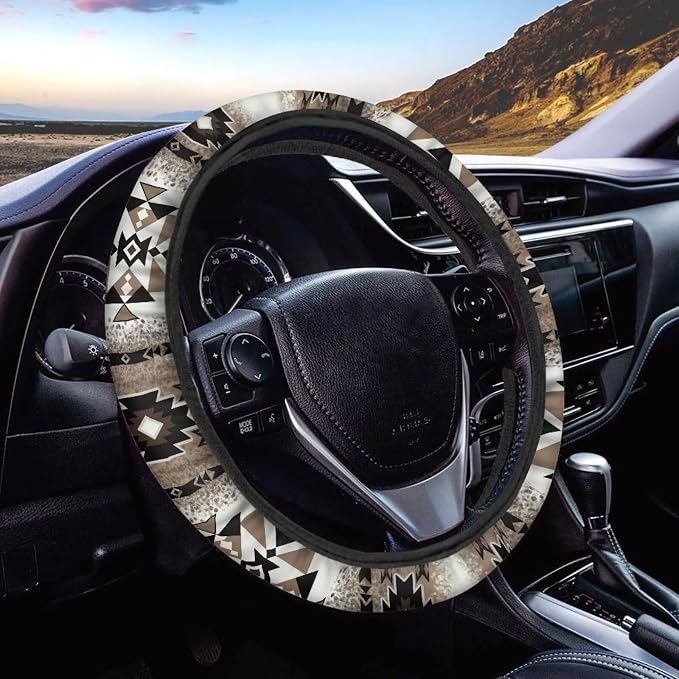Wanyint Southwestern Aztec Brown Auto Steering Wheel Cover Universal 15 Inch Diameter Anti-Slip Neoprene Car Steering Wheel Protector for Women Men