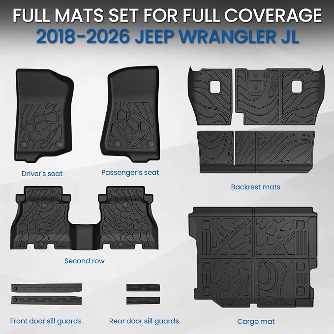 Floor Mats Set for Jeep Wrangler JL 2018-2025 2026 Unlimited 4-Door (Not fit JK/4XE/2-Door), All Weather TPE Backrest Mat Trunk Mat Cargo Liner Door Sill Guards Accessories