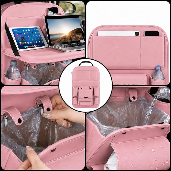 Car Backseat Organizer with Foldable Table Tray, PU Leather Seat Back Organizer with Trash Bin, Tablet Holder, Kick Mat Protector, Back Seat Storage for Cars, Pink