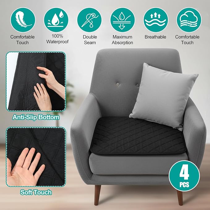 4 Pack Waterproof Chair Pads for Incontinence, 22" x 21" Reusable Seat Protector Pads, Washable Chair Protector Seat Cover, Non-Slip Absorbent Incontinence Pad for Bed, Wheelchair, Kid, Pet