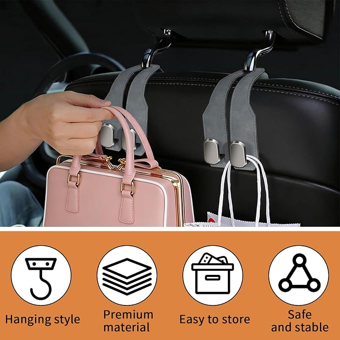 4 Pack Car Seat Headrest Hooks for Purses and Bags, Car Purse Holder With Double Metal Hooks, Headrest Back Seat Handbags Hook, Universal Car Purse Hanger, Cute Car Hanging Accessories, Grey