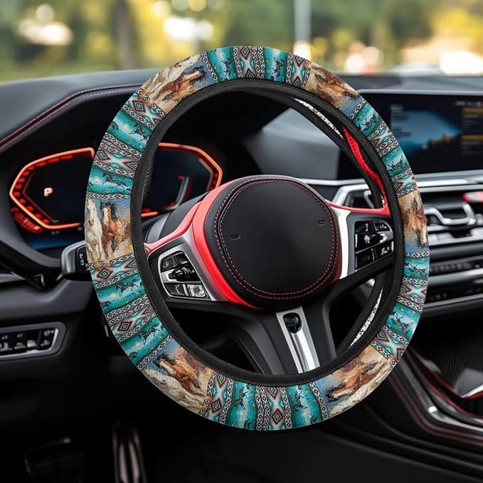 Wanyint Car Steering Wheel Cover Universal 15 Inch Steering Wheel Wrap Anti-Slip Soft Elastic Decorative Auto Accessories All Weather Protection, Aztec Running Horse Teal