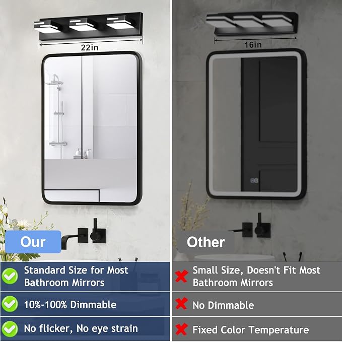 LED Modern Bathroom Vanity Light Fixtures, Dimmable Matte Black Vanity Lights for Bathroom Lighting Fixtures Over Mirror, with 360° Rotatable Acrylic Heads 3-Light 22-inch (Cool White 6000K)