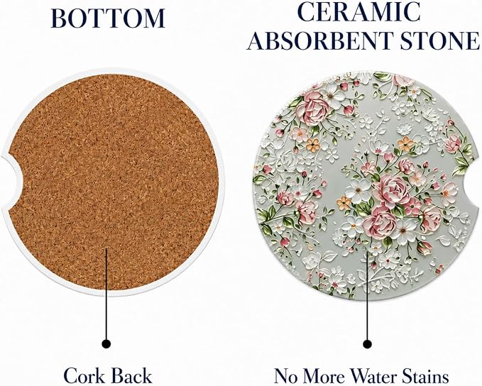 2Pack Car Cup Holder Coasters Absorbent Ceramic Coaster 2.56" for Women & Men Auto Flower Car Accessories