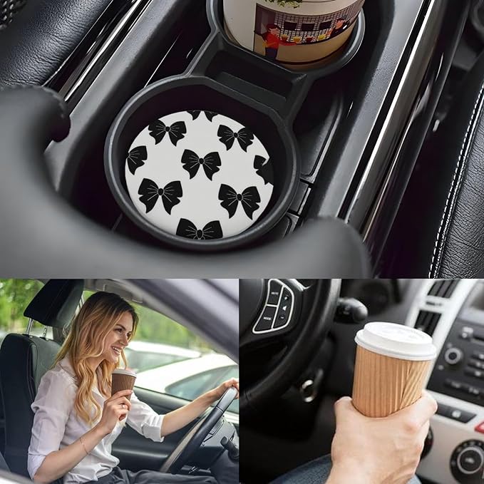 Ceramic Car Cup Coasters 2PCS - Black Bow | with Cork Back & Finger Slot, Anti-Slip Shock Absorbing, Universal Car Interior Accessories for Men Women