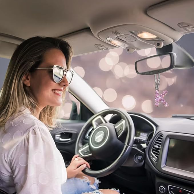 Bling Pink Car Accessories for Women Letter Charm, Rainbow Color Rear View Mirror Cute Crystal Pendant Car Decorations, Lucky Gifts Girly Diamond Rhinestone Charm Letter K
