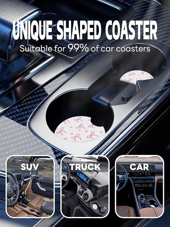 WOCOCN Car Coasters,Cup Holder Coasters for Car,2.75inch Anti Slip and Absorbent,Cute Automotive Interior Accessories for Cup Holder,Pack of 2 (Love Bow)