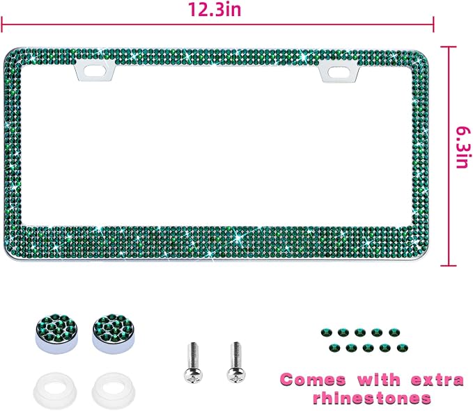 Bling License Plate Frame for Women, 1PCS Sparkly Stainless Steel License Plate Frames| Over 1000 pcs 14 Facets Bedazzled Clear Glass Diamond Rhinestone Crystals w/Free Glitter Diamond Box (Green)