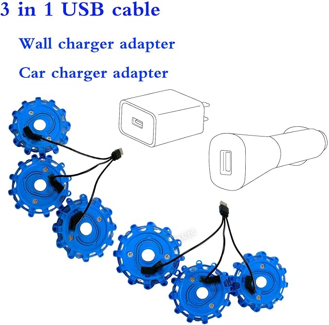 USB-C Rechargeable Blue LED Road Flare 3 Pack,9 Flash Modes Magnetic Waterproof Emergency Warning Light