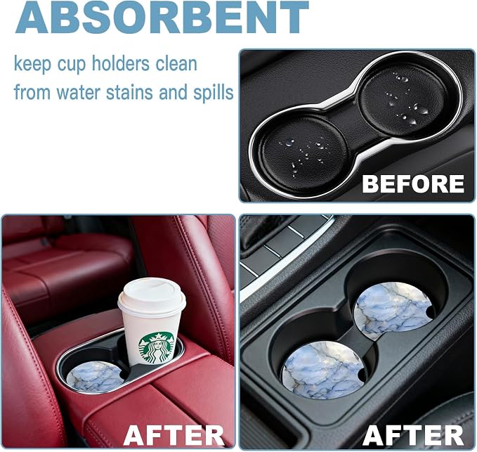 Car Cup Holder Coaster Set Of 2, 2.56 In Ceramic Coasters, Scratch-Resistant Cork Backing, Finger Groove Design For Easy Placement, Cute Car Accessories Interior For Women (Light Blue Marble)