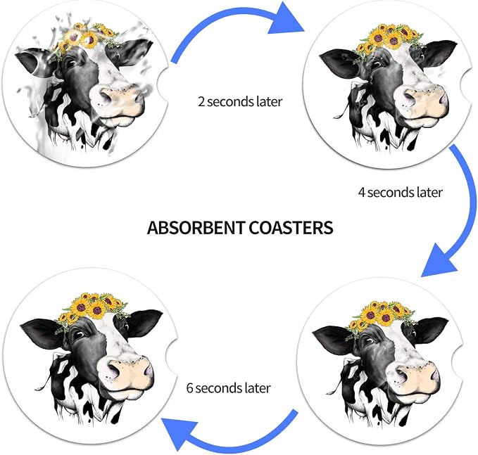 Car Coasters for Women Mother's Day 2 Pack Easter Decorations, Cute Farm Cow Animal 2.56" Absorbent Ceramic Coaster Car Accessories, Keep Cup Holders Clean and Dry, Easy Removal(Cute Cow & Sunflower)