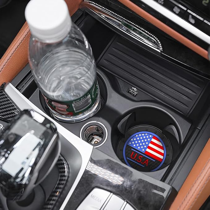 AUCELI 2 Pack Car Cup Holder Coasters, Colored American Flag US Flag Insert Car Cup Coaster, 2.75 Inch Anti Slip Shockproof Embedded Drink Mat, Vehicle Interior Decor Accessories