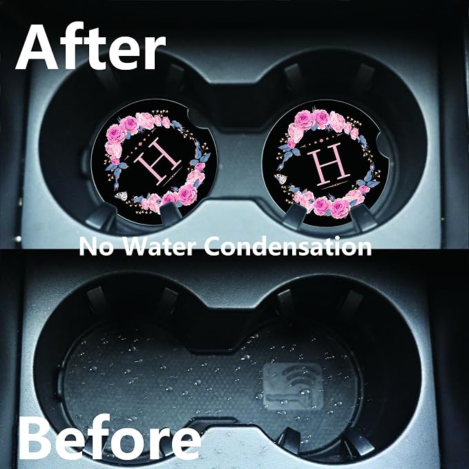 2pcs Letter H Car Coasters,Absorbent Universal neoprener Cup Holder Coasters with a Finger Notch,Car Accessories for Women&Man Interior,2.75"