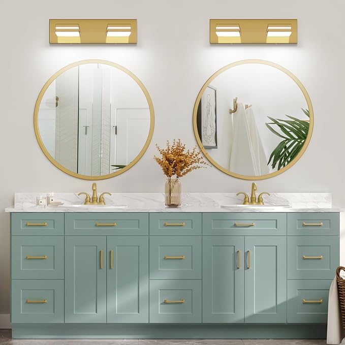 SineRise LED Modern Bathroom Vanity Light Fixtures (2-Light, 15.5-Inch, Dimmable), Brass Modern Acrylic Bathroom Wall Lighting Fixtures Over Mirror (Cool White 6000K)