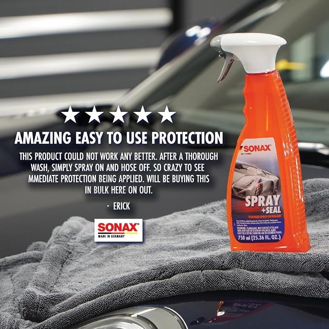 SONAX Spray + Seal 243400 | Quick and Easy Spray On Sealant for Instant Shine and Hydrophobic Protection | Enhances Paint Glass & Plastic Surface | Safe for All Finishes | Long-Lasting Results | 750ml