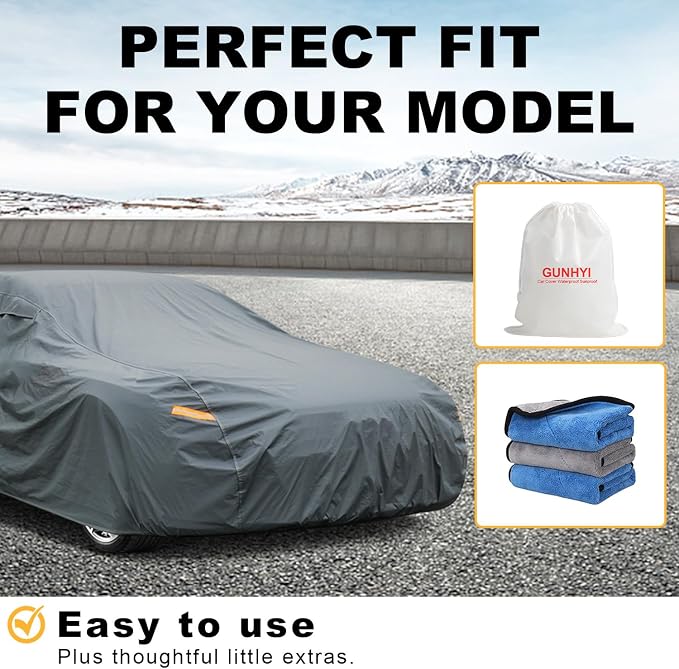 GUNHYI 16 Layers Car Cover Waterproof All Weather, Heavy Duty Full Exterior Cover Universal Fit Coupe Porsche Panamera, Dodge Charger, Cadillac DeVille/DTS, Buick Park Avenue, Jaguar XJ etc.