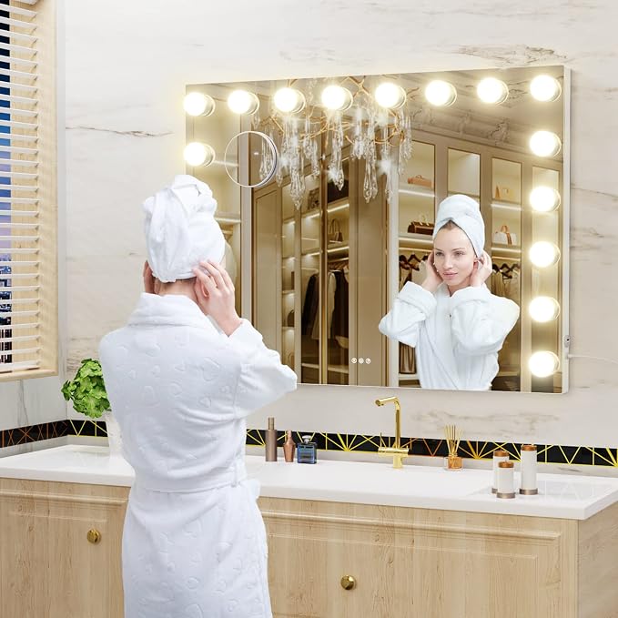 Gvnkvn 18 Extra Bulbs Vanity Mirror with Lights with USB & Type-C Charing, 32WX24L Tabletop Hollyhood Makeup Mirror, Lighted Vanity Mirror,3 Colors Modes,Touch Control,Metal Frame,White