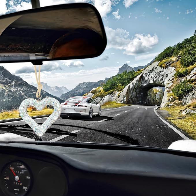Mandark Bling Heart Car Hanging Accessories, Crystal Rhinestone Vehicle Rear View Mirror Charm Pendant Ornaments, Cute Diamond Auto Interior Hanger Decoration for Women Girls(AB Color)