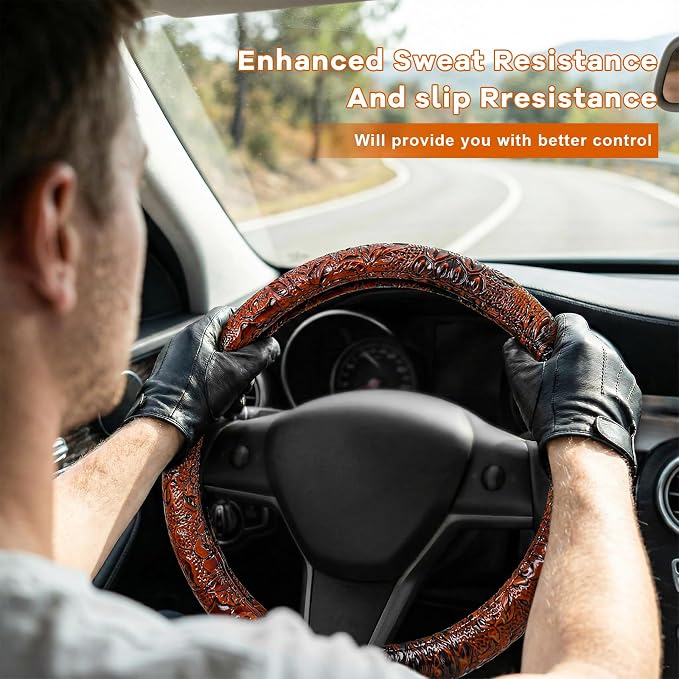Leather Car Steering Wheel Cover, 15 Inch Anti-Slip Crocodile Pattern Steering Wheel Wrap with Rose Grain, Comfortable Grip Wheels Protector for Cars SUVs Trucks, Car Accessories (Brown)