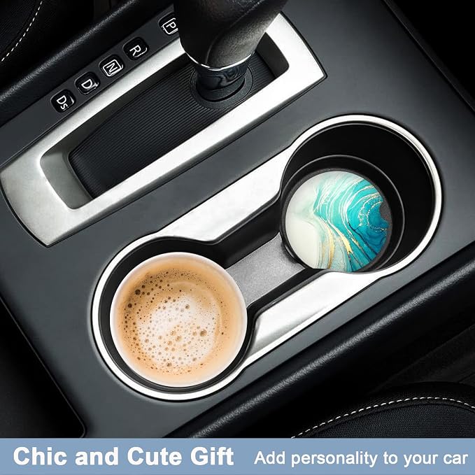 Nipichsha Car Coasters for Cup Holders, 2 Pack Absorbent Ceramic Car Cup Holder Coaster for Drinks, Cute Auto Assecories for Women Men, Size 2.56 in with Finger Notch & Cork Base, Gold Teal Ocean