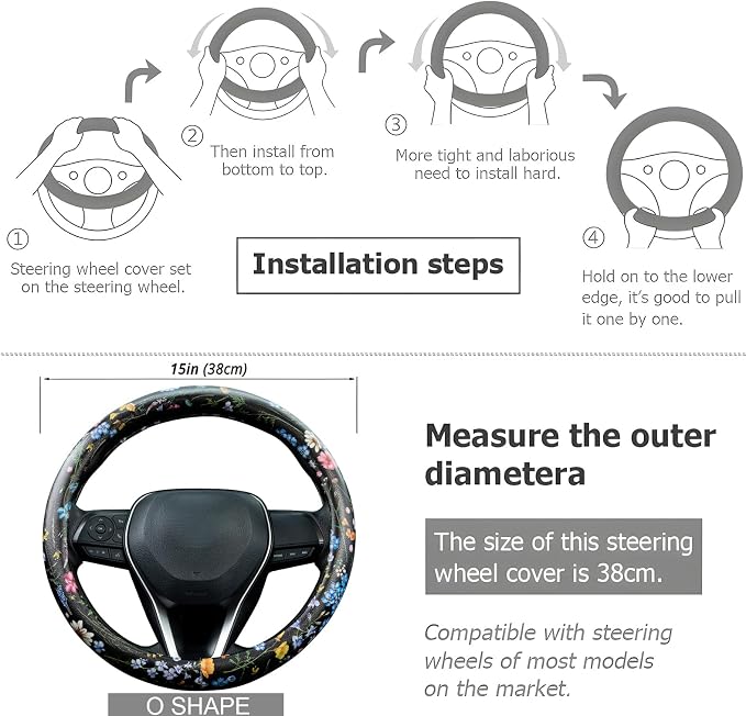 Multicolor Wildflower Steering Wheel Cover Auto Jacquard Steering Wheel Protector, Anti-Slip, Breathable, Absorbing Sweat, Universal Car Accessories 14.5–15 inch,Fit for Most Car, Trucks, SUV