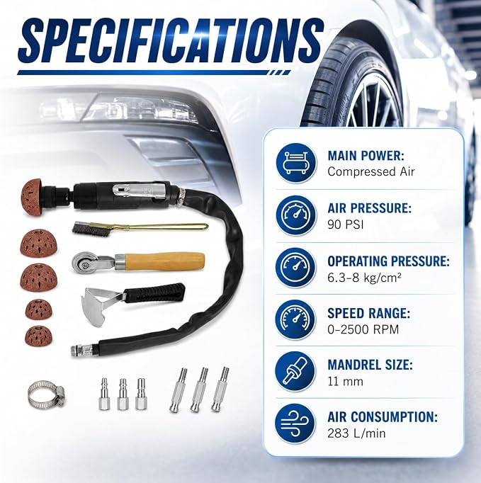 Air Tire Repair Polish Patch Kit Heavy Duty - Includes 2500RPM Air Tire Buffer, Tire Inner Liner Scraper, 4 Tungsten Steel Buffing Wheel, Patch Roller, & Wire Brush - Professional Tire Patch Tools