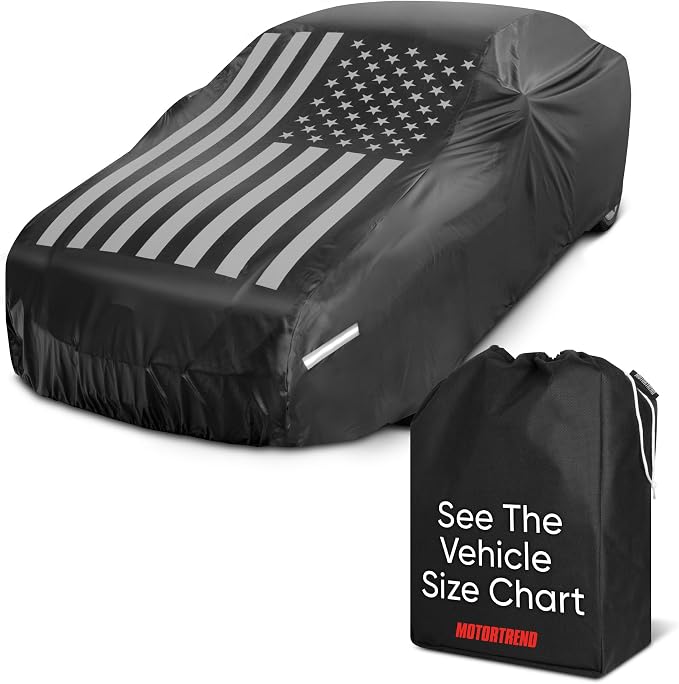 Motor Trend Black USA Flag Waterproof Car Cover - All Weather Outdoor Protection, UV Resistant, Windproof, Scratchproof - Semi-Universal Fit Sedan Full Car Cover for Sun Rain Snow (171”- 190” Length)