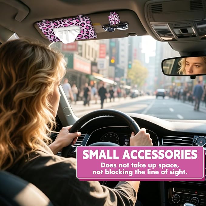 2 Pcs Sunglass Holder and 1Pcs Car Tissue Holder for Car,Magnetic Leather Sunglasses Holder Car Sun Visor Glasses Hanger Clip,Car Interior Accessories for Women(Pink Leopard Print)