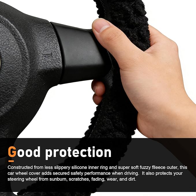 Fuzzy Warm Steering Wheel Cover for Winter, Soft Faux Lamb Fleece with Anti-Slip Inner Ring, 14.96" Inner Diameter Cozy Protective Driving Cover, Universal for Most Cars (Black)