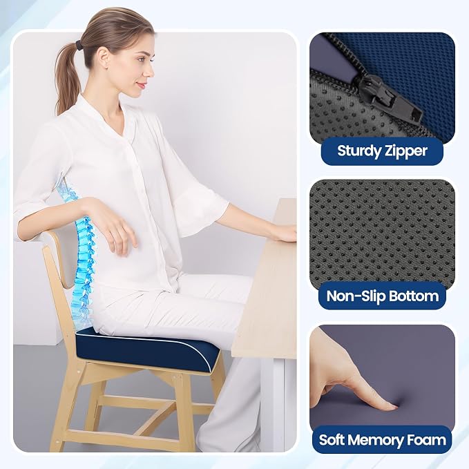 SweetSlubr Seat Cushion for Tailbone Pain Relief, Office Chair Cushion, Memory Foam Large Chair Pad with Non-Slip Cover for Soft Support at Office Chair, Car Seat, Airplane Dark Blue/X-Large