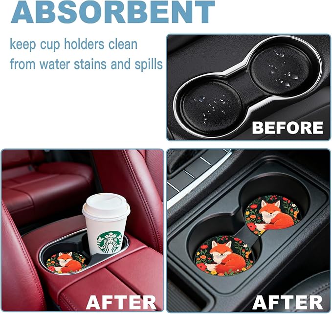Car Cup Holder Coaster Set of 2, 2.56 in Ceramic Coasters, Scratch-Resistant Cork Backing, Finger Groove Design for Easy Placement, Cute Car Accessories Interior for Women (Red Fox)