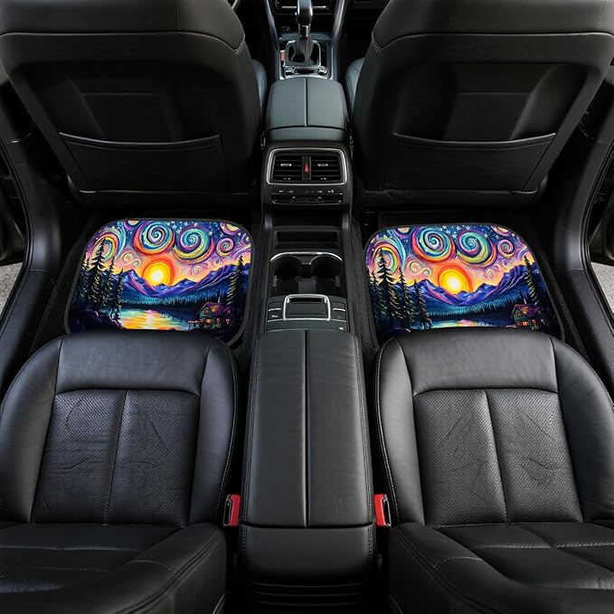 Abstract Car Floor Mats Set of 4 Colorful Sky Pine Tree Mountain Sun Set Automotive Car Floor Carpets Non-Slip Auto Car Accessories Universal Fit for Car SUV Truck Van