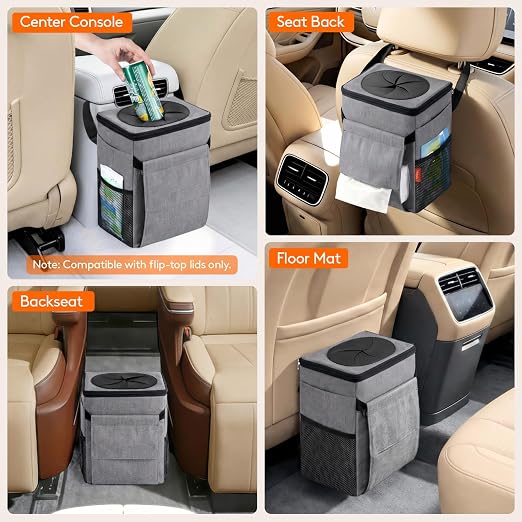 Lifewit Car Trash Can with Lid and Tissue Holder, Leak-Proof Waterproof Automotive Garbage Cans, Car Accessory Interior, Trash Bin for the Back/Front/Console of Car, 2 Gallons, Grey