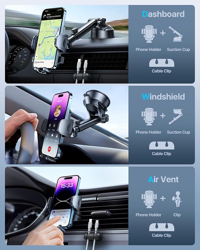 HTU Car Phone Holderใ2026 Upgraded 100+LBS Suction & Safety Certใ Cell Phone Car Mount for Truck Heavy Duty Phone Holder for Dashboard/Windshield/Vent for iPhone 17 16 Pro Max, Purple