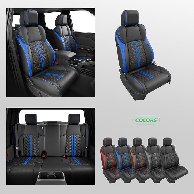 Custom Seat Covers for Tacoma 4th Gen 2024 2025 2026 Double Cab SR5/TRD Sport/TRD Off-Road/SR Full Set with Console Covers, Waterproof Leather Back and Front Seat Protectors Black Blue