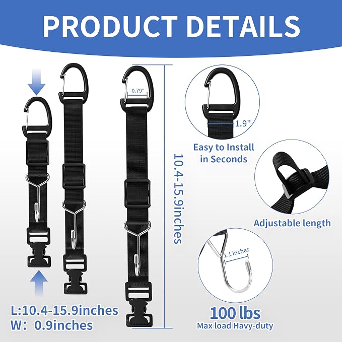Purse Hook for Car, Adjustable Headrest Hooks & Hat Clip (2 Pack) | 100 LBS Heavy Duty | Metal Construction | Anti-Slip Clip | Tool-Free Install | All Vehicle Fit | Drivers Crews Families