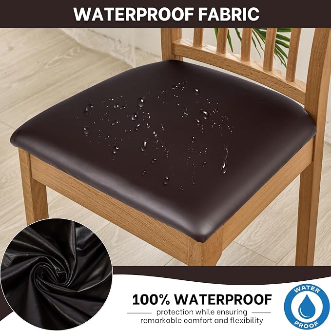 SearchI Waterproof PU Leather Seat Covers for Dining Chairs, 2 Pack Stretch Dining Room Chair Seat Covers, Kitchen Chair Seat Covers Protectors (Deep Brown)