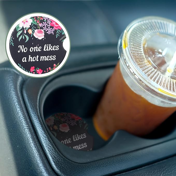 Boao 4 Pcs Floral Car Cupholder Coasters for Valentine's Day, Ceramic Coasters 2.56'' Anti Slip Base with Finger Notch for Dry Clean, Car Interior Accessories, Birthday Gifts