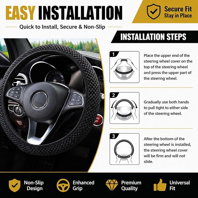 Mesh Ice Silk Cooling Car Steering Wheel Cover for Men Women,Summer Universal Breathable Stretch Anti-Slip Wheel Cover 14.5-15" for Cars, Trucks, Pickups, SUVs (Black)