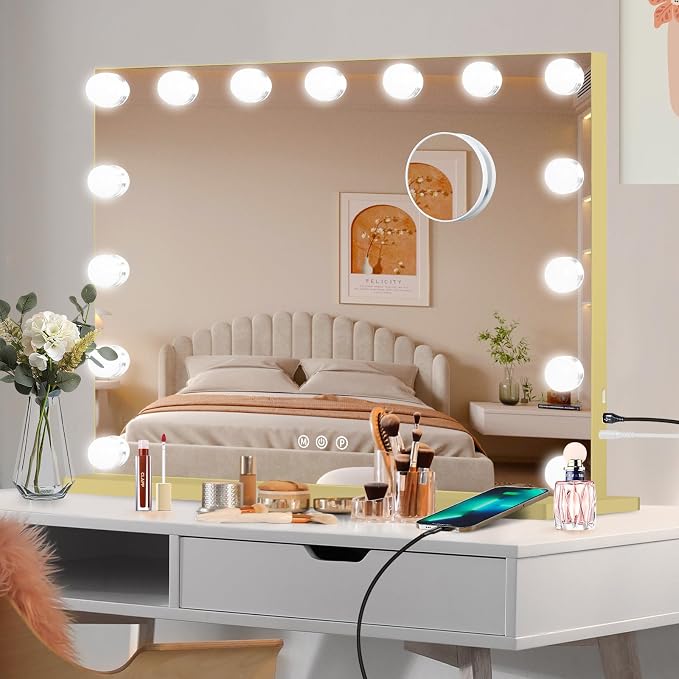Moonee Vanity Mirror with Lights, Gold Hollywood Lighted Makeup Mirror with 15 Dimmable Bulbs and 10X Magnification, 3 Colors Modes, Aluminum Metal Frame, Light Up Mirror for Tabletop/Wall(23" x 18")
