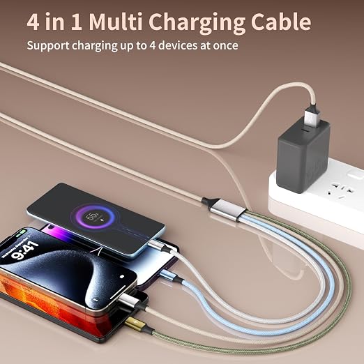 4 in 1 Multi Charging Cable, 2 Pack 6FT Charging Cords for Devices | Nylon Braided USB C Car Charger Cable with Dual USB-C, IP & Micro Ports, Long Travel Charging Cord for Cars